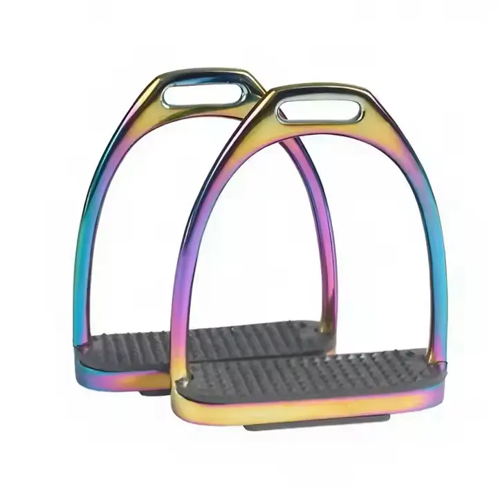 Hot Sale on Premium SS Titanium Coated Rainbow Gloss Fillis Stirrups, Horse Riding English Multicolored Horse Fillis Stirrups