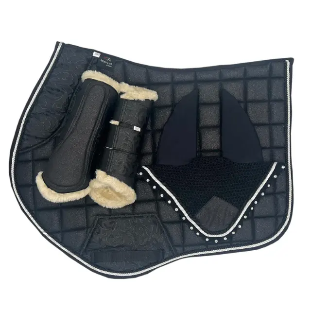 Customized Color Equestrian Matching Saddle Pad Set with matching ear bonnet & Tendon Safety boots, Glitter saddle pad Set 