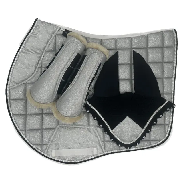 Top Quality Equestrian Horse Matching Saddle pad set, Contrast color ear bonnet and Tendon Safety Boots, Glitter Saddle Pad Set 