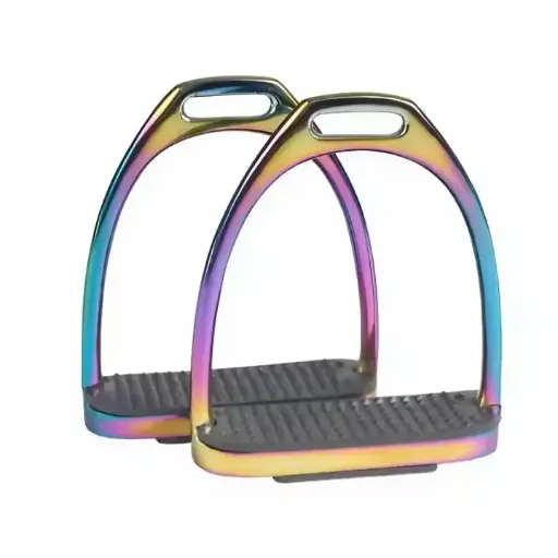 Hot Sale on Premium SS Titanium Coated Rainbow Gloss Fillis Stirrups, Horse Riding English Multicolored Horse Fillis Stirrups