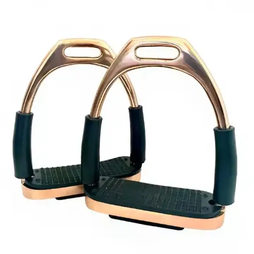 New Arrival Gloss Rose gold bendy safety Flexi Stirrups Horse Riding SS with Strong Treads 4.75", Horse Flexi Stirrups